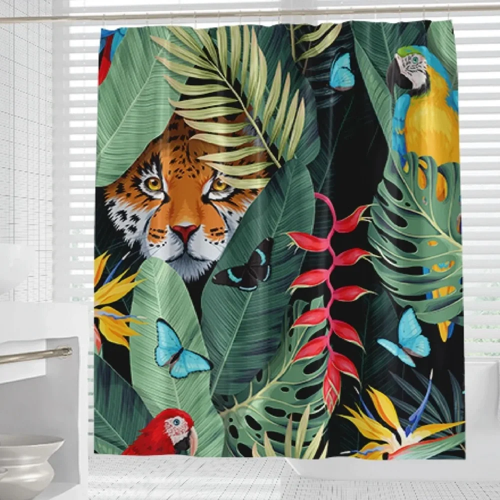 Tropical Jungle Novelty Shower Curtain with Leopard Parrot & Butterflies